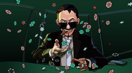 cartoon man throws chips while sitting at a table in a casino