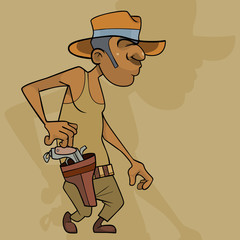 walking cartoon man in a hat with a revolver on his belt - obrazy, fototapety, plakaty