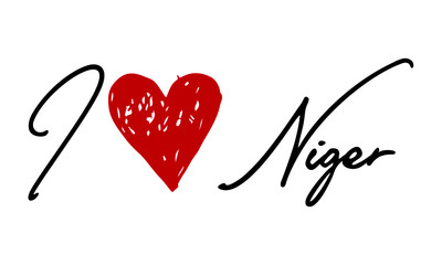 I love Niger Red Heart and Creative Cursive handwritten lettering on white background.