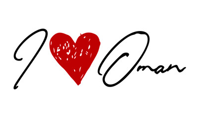 I love Oman Red Heart and Creative Cursive handwritten lettering on white background.