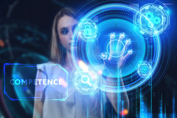 Business, Technology, Internet and network concept. Young businessman working on a virtual screen of the future and sees the inscription: Competence