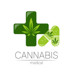 Cannabis in the tablet pill capsule with cross vector logotype for medicine and doctor. Medical marijuana symbol. Pharmaceuticals with plant and leaf for health. Concept sign of green herb. Green