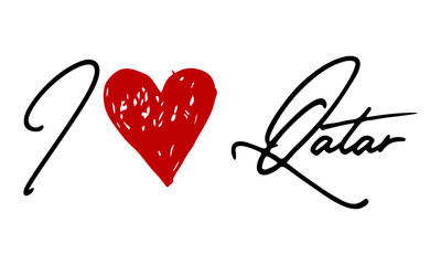 I love Qatar Red Heart and Creative Cursive handwritten lettering on white background.