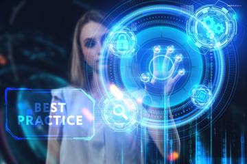 Business, Technology, Internet and network concept. Young businessman working on a virtual screen of the future and sees the inscription: Best practice