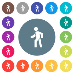 Man walking left flat white icons on round color backgrounds
