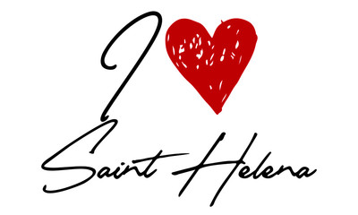 I love Saint Helena Red Heart and Creative Cursive handwritten lettering on white background.