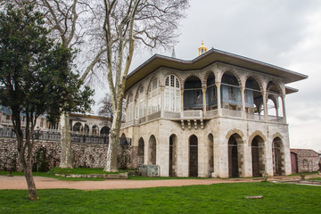 Beautiful historic pavilion at Topkapi Palace in Istanbul in cloudy weather. Turkey