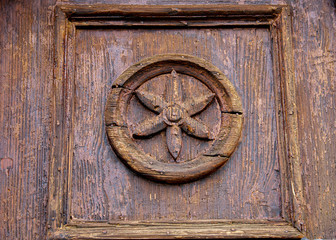 Detail of  old antique wooden brown door