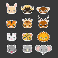 Stickers set of cute african animal heads. Flat vector stock illustration