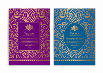 Violet and blue luxury invitation card design. Vintage ornament template. Can be used for background and wallpaper. Elegant and classic vector elements great for decoration.