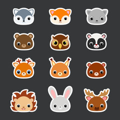 Fototapeta premium Stickers set of cute forest animal heads. Flat vector stock illustration