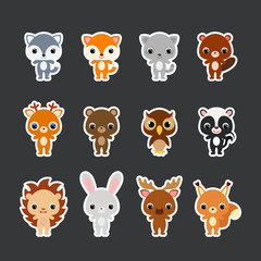 Set of children's forest animal stickers. Flat vector stock illustration