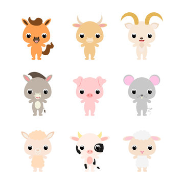 Cute cartoon domestic animals illustration for children. Flat vector stock illustration