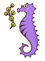 Seahorse cartoon character, seaweed and marine creature vector
