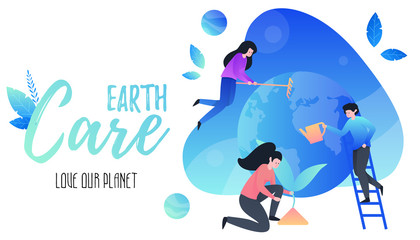 People care about Earth. Happy Earth day. Love our planet. Save the planet. Vector flat concept