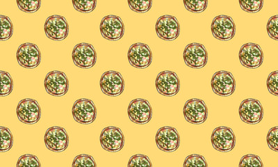 hand drawn watercolor and marker fast-food with Sushi, Pizza pieces seamless pattern with ingridients