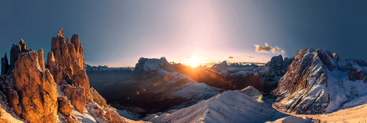 Wallpaper murals Dawn Panorama with sunrise in the mountains of the dolomites