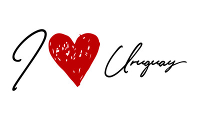 I love Uruguay Red Heart and Creative Cursive handwritten lettering on white background.