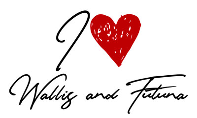 I love Wallis and Futuna Red Heart and Creative Cursive handwritten lettering on white background.