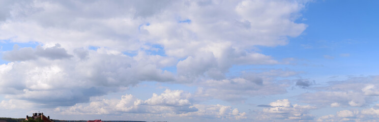 Cloudy sky, great horizons. Panoramic photography, atmospheric phenomenon, the formation of water vapor in natural conditions.