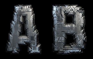 Set of capital letters A and B made of metal isolated on black background. 3d
