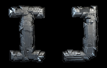 Set of capital letters I and J made of metal isolated on black background. 3d