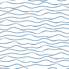 Vector abstract hand drawn navy blue doodle ocean waves. Seamless geometric pattern on white background. Abstract linear backdrop. Great for marine, nautical themed products, seaside vacation concept.