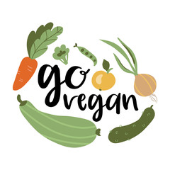 go vegan vegetable poster with the inscription. Flat cartoon vegetables vector illustration.