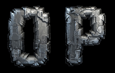 Set of capital letters O and P made of metal isolated on black background. 3d