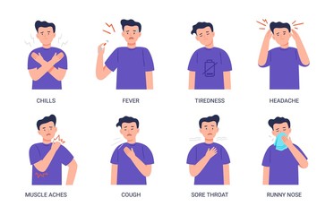 Vector illustrations of a man suffering from symptoms of the cold and flu. Symptoms: chills, fever, tiredness, headaches, muscle aches, cough, sore throat, runny nose isolated on white background.