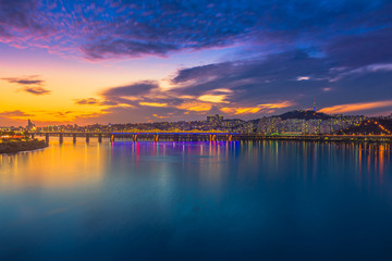 Fototapeta premium Seoul City and numsan tower at Han river Seoul, South korea.
