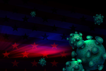 Dark composition with silhouettes of the flag of America and elements of the coronavirus. Prevention of viral infections. Composition of Asian flu