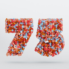 Number 75 3D Text Illustration, Digits With Pink And Sky Colors Stars, 3D Render In 4K Resolution, Isolated On White Background, With Shadow ..