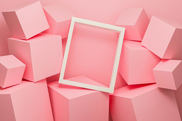 Abstract pink background texture with geometric shape. 3d cube wall. Minimal mockup with white...