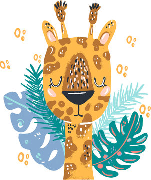 Giraffe cute doodle hand drawn flat vector illustration. Wild rainforest animal vector poster floral background.Grass branches with leaves, flowers and spots design element. Tropical jungle