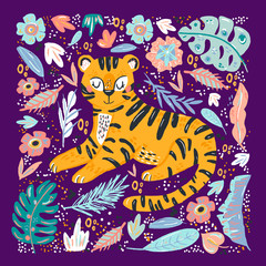 Tiger cute doodle hand drawn flat vector illustration. Wild rainforest animal vector poster floral background.Grass branches with leaves, flowers and spots design element. Tropical jungle