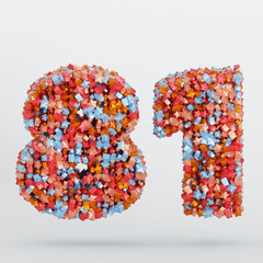 Number 81 3D Text Illustration, Digits With Pink And Sky Colors Stars, 3D Render In 4K Resolution, Isolated On White Background, With Shadow ..