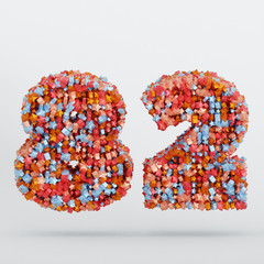 Number 82 3D Text Illustration, Digits With Pink And Sky Colors Stars, 3D Render In 4K Resolution, Isolated On White Background, With Shadow ..