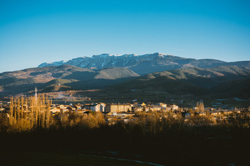 Andorran village with the Pyrenees mountains in the background landscape