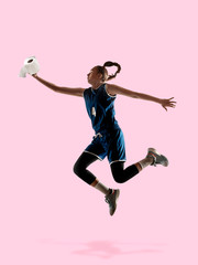Professional sportswoman caught toiletpaper in motion. Reaching target, sport, healthy lifestyle, high demand for essential goods in crisis concept. Competition, championship. Buy enough to be winner.
