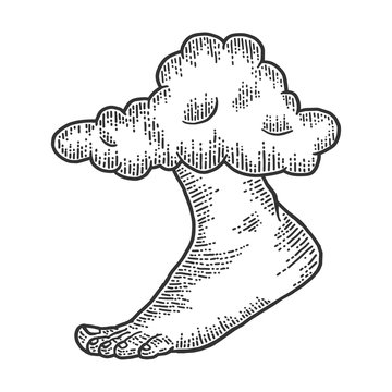 Threat, god foot from the cloud. Apparel print design. Scratch board imitation. Black and white hand image.