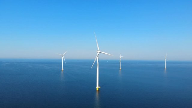 Wind turbine from aerial view, Drone view at windpark westermeerdijk a windmill farm in the lake IJsselmeer the biggest in the Netherlands,Sustainable development, renewable energy