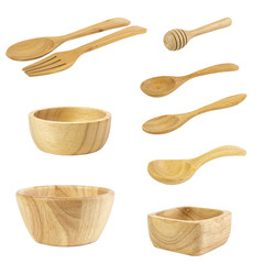 Set of empty wooden bowl and kitchenware isolated on white background. With clipping path. Eco-friendly products to help you go green.