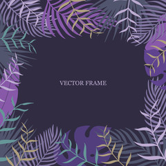 Fototapeta na wymiar Floral composition in violet color - vector frame for your text. Tropical purple leaves. Abstract natural background in trend color.