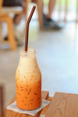 Ice tea on wooden desk.