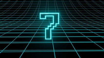 Number 7 in neon glow cyan on grid background, isolated number 3d render