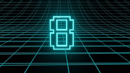 Number 8 in neon glow cyan on grid background, isolated number 3d render