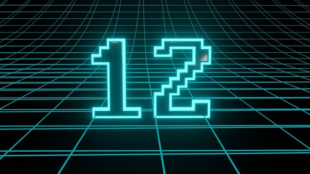 Number 12 in neon glow cyan on grid background, isolated number 3d render