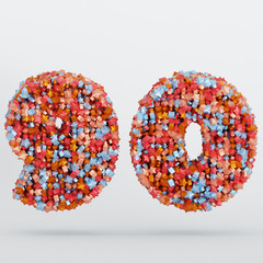 Number 90 3D Text Illustration, Digits With Pink And Sky Colors Stars, 3D Render In 4K Resolution, Isolated On White Background, With Shadow ..