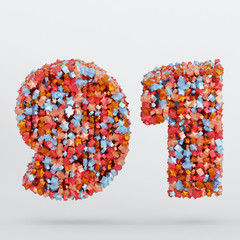 Number 91 3D Text Illustration, Digits With Pink And Sky Colors Stars, 3D Render In 4K Resolution, Isolated On White Background, With Shadow ..